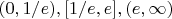 $(0,1/e), [1/e,e], (e,\infty)$