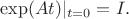 $\exp(At)|_{t=0}=I.$