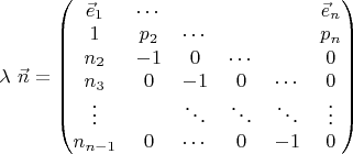 $\lambda\ \vec n=
\begin{pmatrix}
 \vec e_1 & \cdots & & & & \vec e_n \\
 1 & p_2 & \cdots & & & p_n \\
 n_2 & -1 & 0 & \cdots & & 0 \\
 n_3 & 0 & -1 & 0 &\cdots & 0 \\
 \vdots & & \ddots & \ddots & \ddots & \vdots \\
 n_{n-1} & 0 & \cdots & 0 & -1 & 0
\end{pmatrix}$