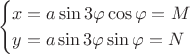 $$\begin{cases}
 x=a\sin3 \varphi\cos \varphi=M \\
 y=a\sin3 \varphi\sin \varphi=N 
\end{cases}$$