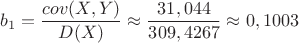 $b_1=\dfrac{cov(X,Y)}{D(X)} \approx \dfrac{31,044}{309,4267}\approx 0,1003$