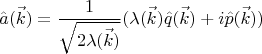 $$\[\hat a(\vec k) = \frac{1}{{\sqrt {2\lambda (\vec k)} }}(\lambda (\vec k)\hat q(\vec k) + i\hat p(\vec k))\]$$
