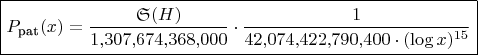 $\boxed{P_{\text{pat}}(x) = \frac{\mathfrak{S}(H)}{1{,}307{,}674{,}368{,}000} \cdot \frac{1}{42{,}074{,}422{,}790{,}400 \cdot (\log x)^{15}}}$