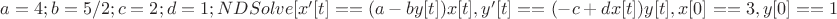 $a = 4; b = 5/2; c = 2; d = 1;
NDSolve[{x'[t] == (a - by[t])x[t], 
y'[t] == (-c + dx[t])y[t],  
x[0] == 3, y[0] == 1}, {x[t], y[t]}, {t, 0, 10}]$