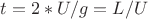 $t=2*U/g=L/U$
