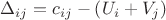 ${\Delta _{ij}} = {c_{ij}} - \left( {{U_i} + {V_j}} \right)$