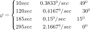 $$
\varphi=\begin{cases}
10 sec \qquad 0.3833^0/sec \qquad до 49^0\\
120 sec \qquad 0.4167^0/sec \qquad до 30^0\\
185 sec \qquad 0.15^0/sec \qquad до 15^0\\
295 sec \qquad 2.1667^0/sec \qquad до 0^0\\
\end{cases}
$$