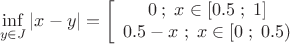 \[
\mathop {\inf }\limits_{y \in J} \left| {x - y} \right| = \left[ {\begin{array}{*{20}c}
   {0\;;\;x \in [0.5\;;\;1]}  \\
   {0.5 - x\;;\;x \in [0\;;\;0.5)}  \\
\end{array}} \right.
\]