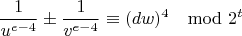 $$\frac{1}{u^{e-4}}\pm\frac{1}{v^{e-4}}\equiv (dw)^4 \mod 2^t$$