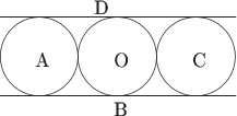 $$\begin{picture}(120,50)(0,10)
\put(0,0){\line(1,0){120}} \put(58,-10){B}
\put(0,40){\line(1,0){120}} \put(48,42){D}
\put(20,20){\circle{40}}\put(18,15){A}
\put(100,20){\circle{40}}\put(98,15){C}
\linethickness{6pt}
\put(60,20){\circle{40}}\put(58,15){O}
\end{picture}
$$