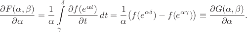 $$\dfrac{\partial F(\alpha,\beta)}{\partial\alpha}=\dfrac1{\alpha}\int\limits_{\gamma}^{\delta}\dfrac{\partial f(e^{\alpha t})}{\partial t}\,dt=\dfrac1{\alpha}\big(f(e^{\alpha\delta})-f(e^{\alpha\gamma})\big)\equiv\dfrac{\partial G(\alpha,\beta)}{\partial\alpha}.$$