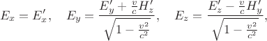 $$E_x=E'_x,\quad E_y=\frac{E'_y+\frac vcH'_z}{\sqrt{1-\frac{v^2}{c^2}}},\quad E_z=\frac{E'_z-\frac vcH'_y}{\sqrt{1-\frac{v^2}{c^2}}},$$