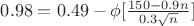 $0.98=0.49-\phi[\frac{150-0.9n}{0.3\sqrt{n}}]$