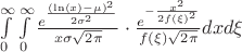 $ \int\limits_{0}^{\infty} \int\limits_{0}^{\infty} \frac{e^{\frac{(\ln(x)-\mu)^2}{2\sigma^2}}}{x\sigma\sqrt{2\pi}}\cdot\frac{e^{-\frac{x^2}{2f(\xi)^2}}}{f(\xi)\sqrt{2\pi}}dxd\xi$