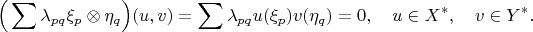 $$\Big(\sum\lambda_{pq}\xi_p\otimes\optimes \eta_q\Big)(u,v)=\sum\lambda_{pq}u(\xi_p)v( \eta_q)=0,\quad u\in X^*,\quad v\in Y^*.$$