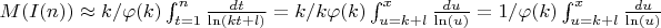 $M(I(n)) \approx k/\varphi(k) \int_{t=1}^{n} \frac {dt}{\ln(kt+l)}=k/k\varphi(k)\int_{u=k+l}^{x} \frac {du}{\ln(u)}=1/\varphi(k) \int_{u=k+l}^{x} \frac {du}{\ln(u)}$
