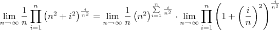 $$\lim\limits_{n\to\infty}\frac{1}{n}\prod\limits_{i=1}^{n} \left(n^2 + i^2\right)^\frac{i}{n^2}=\lim\limits_{n\to\infty}\frac{1}{n}\left(n^2\right)^{\sum\limits_{i=1}^{n}\frac{i}{n^2}}\cdot\lim\limits_{n\to\infty}\prod\limits_{i=1}^{n} \left(1 + \left(\frac{i}{n}\right)^2 \right)^\frac{i}{n^2}$$