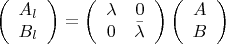 $$\[
\left( {\begin{array}{*{20}c}
   {A_l }  \\
   {B_l }  \\

 \end{array} } \right) = \left( {\begin{array}{*{20}c}
   \lambda  & 0  \\
   0 & {\bar \lambda }  \\

 \end{array} } \right)\left( {\begin{array}{*{20}c}
   A  \\
   B  \\

 \end{array} } \right)
\]
$$