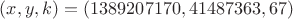 $(x,y,k)=(1389207170, 41487363, 67)$