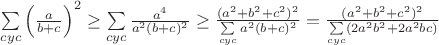 $\sum\limits_{cyc}\left(\frac{a}{b+c}\right)^2\geq\sum\limits_{cyc}\frac{a^4}{a^2(b+c)^2}\geq\frac{(a^2+b^2+c^2)^2}{\sum\limits_{cyc}a^2(b+c)^2}=\frac{(a^2+b^2+c^2)^2}{\sum\limits_{cyc}(2a^2b^2+2a^2bc)}$