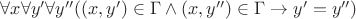 $\forall x\forall y'\forall y''((x,y')\in\Gamma\wedge(x,y'')\in\Gamma\to y'=y'')$
