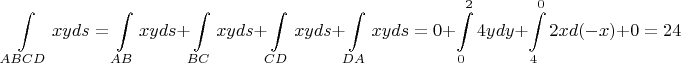 $$\intop_{ABCD} xy ds= \intop_{AB} xy ds+\intop_{BC} xy ds+\intop_{CD} xy ds +\intop_{DA} xy ds=0+ \intop_{0}^{2} 4y dy +\intop_{4}^{0} 2x d(-x) +0= 24$$