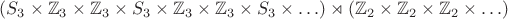 $(S_3 \times \mathbb Z_3 \times \mathbb Z_3 \times S_3 \times \mathbb Z_3 \times \mathbb Z_3 \times S_3 \times \ldots) \rtimes (\mathbb Z_2 \times \mathbb Z_2 \times \mathbb Z_2 \times \ldots)$