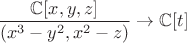 $\dfrac{\mathbb C[x,y,z]}{(x^3-y^2,x^2-z)}\to\mathbb C[t]$
