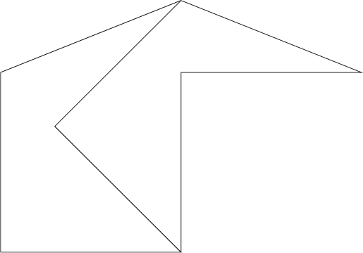 $\begin{tikzpicture}\draw (5,0)--(5,5)--(10,5)--(5,7)--(0,5)--(0,0)--(5,0)--(1.5,3.5)--(5,7);\end{tikzpicture}$