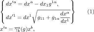 \[
\begin{gathered}
  \left\{ \begin{gathered}
  dx'^\alpha   = dx^\alpha   - dx_1 g^{1\alpha } , \hfill \\
  dx'^1  = dx^1 \sqrt {g_{11}  + g_{1\alpha } \frac{{dx^\alpha  }}
{{dx^1 }}}  \hfill \\ 
\end{gathered}  \right\}\quad \quad (1) \hfill \\
  x'^a  = \overline \gamma  ^a _b (g)x^b , \hfill \\ 
\end{gathered} 
\]