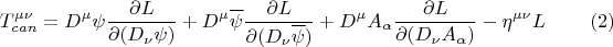 $$ T^{\mu \nu}_{can}=D^{\mu} \psi \frac{\partial L}{\partial (D_{\nu} \psi)} + D^{\mu} \overline{\psi} \frac{\partial L}{\partial (D_{\nu} \overline{\psi})} + D^{\mu} A_{\alpha} \frac{\partial L}{\partial (D_{\nu} A_{\alpha})} - \eta^{\mu \nu} L    \eqno{(2)}$$