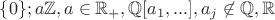 $\{ 0\}; a \mathbb{Z}, a \in \mathbb{R}_+, \mathbb{Q}[a_1, ...], a_j \not \in \mathbb{Q}, \mathbb{R}$