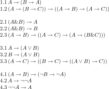 $$\[\begin{array}{l}
 1.1\,A \to (B \to A) \\ 
 1.2\,(A \to (B \to C)) \to ((A \to B) \to (A \to C)) \\ 
  \\ 
 2.1\,(A\& B) \to A \\ 
 2.2\,(A\& B) \to B \\ 
 2.3\,(A \to B) \to ((A \to C) \to (A \to (B\& C))) \\ 
  \\ 
 3.1\,A \to (A \vee B) \\ 
 3.2\,B \to (A \vee B) \\ 
 3.3\,(A \to C) \to ((B \to C) \to ((A \vee B) \to C)) \\ 
  \\ 
 4.1\,(A \to B) \to (\neg B \to \neg A) \\ 
 4.2\,A \to \neg \neg A \\ 
 4.3\,\neg \neg A \to A \\ 
 \end{array}\]
$$