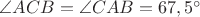 $\angle{ACB}=\angle{CAB}=67,5^{\circ}$
