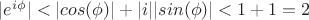 $|e^{i\phi}|<|cos(\phi)|+|i||sin(\phi)|<1+1=2$