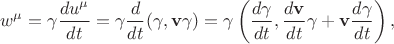$$w^\mu=\gamma\dfrac{du^\mu}{dt}=\gamma\dfrac{d}{dt}(\gamma,\mathbf{v}\gamma)=\gamma\left(\dfrac{d\gamma}{dt},\dfrac{d\mathbf{v}}{dt}\gamma+\mathbf{v}\dfrac{d\gamma}{dt}\right),$$