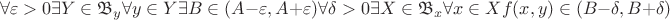 $$\forall \varepsilon > 0 \exists Y \in \mathfrak{B}_y \forall y \in Y \exists B \in (A-\varepsilon,A+\varepsilon) \forall \delta>0 \exists X \in \mathfrak{B}_x \forall x \in X f(x,y) \in (B-\delta, B+ \delta)$$