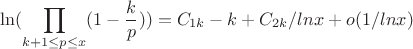 $$\ln(\prod_{k+1 \leq p\leq x}(1-\frac {k} {p}) )=C_{1k}-k \lnx \lnx+C_{2k}/lnx+o(1/lnx)$$