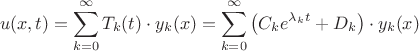 $$
u(x,t)=\sum_{k=0}^{\infty}T_{k}(t)\cdot y_{k}(x)=\sum_{k=0}^{\infty}\left(C_{k}e^{\lambda_{k}t}+D_{k}\right)\cdot y_{k}(x)
$$