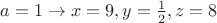 $a=1\to x=9,y=\frac{1}{2},z=8$
