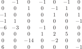 $\begin{array}{*{20}{c}}
   0 & { - 1} & 0 & { - 1} & 0 & { - 1} & 0  \\ 
   0 & 0 & 1 & 0 & { - 1} & 1 & 0  \\ 
   { - 1} & 0 & 0 & 0 & 1 & 0 & 1  \\ 
   { - 1} & 1 & 0 & 0 & 0 & 0 & { - 1}  \\ 
   { - 6} & { - 3} & 0 & { - 1} & 0 & 0 & 0  \\ 
   0 & 0 & 0 & 1 & 2 & 5 & 0  \\ 
   0 & 0 & { - 14} & 0 & { - 2} & 0 & 0  \\ 
   6 & 0 & 0 & 0 & 0 & 0 & { - 1}  \\ 
\end{array} $