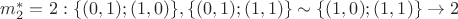 $m^*_2 = 2 : \{(0,1);(1,0)\}, \{(0,1);(1,1)\} \sim \{(1,0);(1,1)\} \rightarrow 2$ $m^*_2 = 2 : \{(0,1);(1,0)\}, \{(0,1);(1,1)\} \sim \{(1,0);(1,1)\} \rightarrow 2$