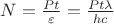 $N=\frac {Pt}{\varepsilon}=\frac {Pt\lambda}{hc}$