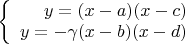 $\left\{
\begin{array}{rcl}
 y=(x - a)(x - c) \\
 y=-\gamma(x - b)(x - d)
\end{array}
\right.$