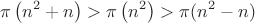 \[
\pi \left( {n^2  + n} \right) > \pi \left( {n^2 } \right) > \pi (n^2  - n)
\]