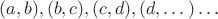 $(a,b), (b,c), (c,d),(d,&hellip;)&hellip;$