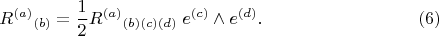 $$
{R^{(a)}}_{(b)} = \frac{1}{2} {R^{(a)}}_{(b)(c)(d)} \; e^{(c)} \wedge e^{(d)}.  \eqno(6)
$$