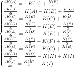 $$\begin{cases} \frac {dK(A)} {dt} =-K(A)+\frac {K(B)} 2\\
\frac {dK(B)} {dt} =K(A) -K(B)+\frac {K(C)} 2\\
\frac {dK(C)} {dt} =\frac {K(B)} 2 -K(C)+\frac {K(D)} 2\\
\frac {dK(D)} {dt} =\frac {K(C)} 2 -K(D)+\frac {K(E)} 2\\
\frac {dK(E)} {dt} =\frac {K(D)} 2 -K(E)+\frac {K(F)} 2\\
\frac {dK(F)} {dt} =\frac {K(E)} 2 -K(F)+\frac {K(G)} 2\\
\frac {dK(G)} {dt} =\frac {K(F)} 2 -K(G)+\frac {K(H)} 2\\
\frac {dK(H)} {dt} =\frac {K(G)} 2 -K(H)+K(I)\\
\frac {dK(I)} {dt} =\frac {K(H)} 2 -K(I) \\\end{cases}$$ $$\begin{cases} \frac {dK(A)} {dt} =-K(A)+\frac {K(B)} 2\\
\frac {dK(B)} {dt} =K(A) -K(B)+\frac {K(C)} 2\\
\frac {dK(C)} {dt} =\frac {K(B)} 2 -K(C)+\frac {K(D)} 2\\
\frac {dK(D)} {dt} =\frac {K(C)} 2 -K(D)+\frac {K(E)} 2\\
\frac {dK(E)} {dt} =\frac {K(D)} 2 -K(E)+\frac {K(F)} 2\\
\frac {dK(F)} {dt} =\frac {K(E)} 2 -K(F)+\frac {K(G)} 2\\
\frac {dK(G)} {dt} =\frac {K(F)} 2 -K(G)+\frac {K(H)} 2\\
\frac {dK(H)} {dt} =\frac {K(G)} 2 -K(H)+K(I)\\
\frac {dK(I)} {dt} =\frac {K(H)} 2 -K(I) \\\end{cases}$$