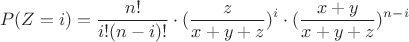 $$P(Z=i)=\frac {n!} {i!(n-i)!}\cdot(\frac z {x+y+z})^i\cdot(\frac {x+y} {x+y+z})^{n-i}$$