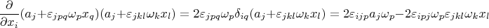 $$\frac{\partial}{\partial x_i}(a_j+\varepsilon_{jpq}\omega_p x_q)(a_j+\varepsilon_{jkl}\omega_k x_l) = 2\varepsilon_{jpq}\omega_p\delta_{iq}(a_j+\varepsilon_{jkl}\omega_k x_l)=2\varepsilon_{ijp}a_j\omega_p-2\varepsilon_{ipj}\omega_p\varepsilon_{jkl}\omega_k x_l$$